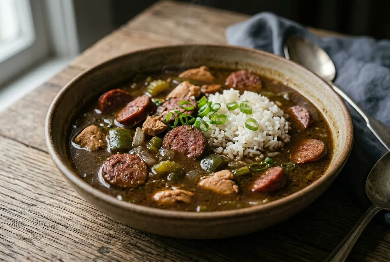 Bowl of dark roux gumbo with sliced andouille sausage and white rice