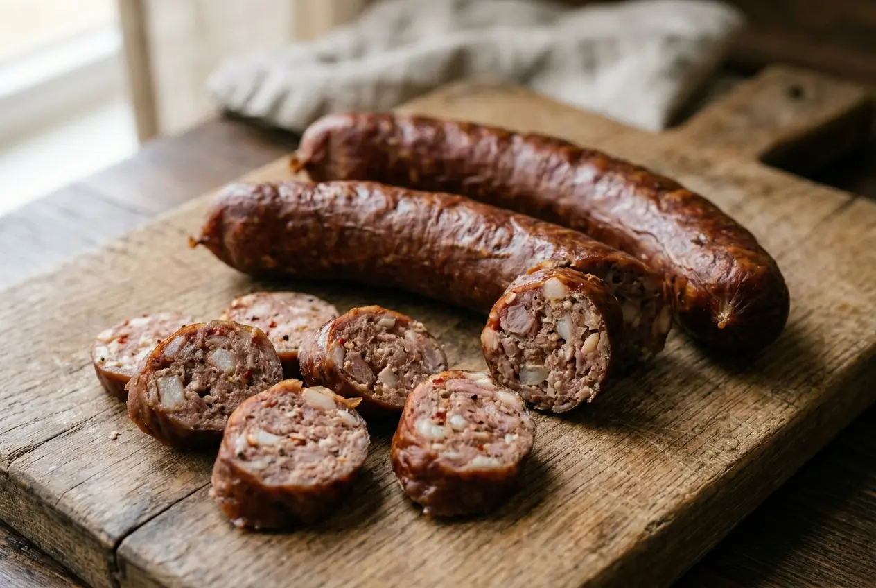 Traditional Cajun andouille sausage with coarse texture and visible smoke ring, sliced on a wooden board