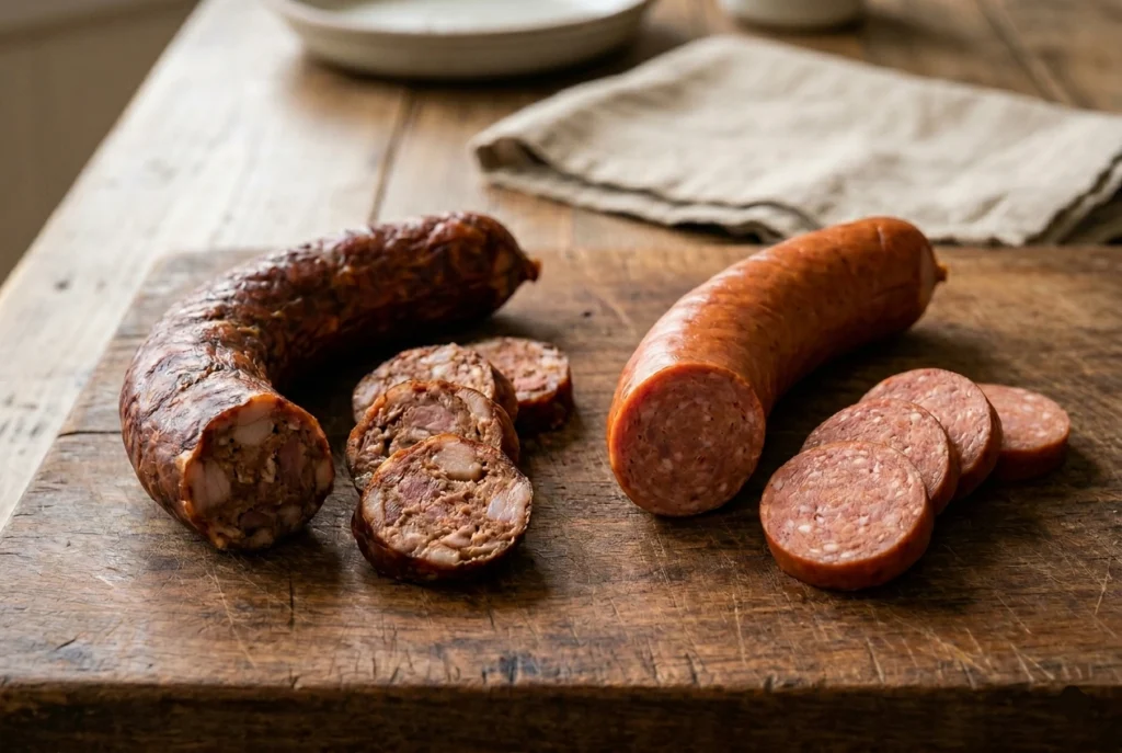 Traditional Cajun andouille sausage with coarse texture compared to smooth commercial sausage slices